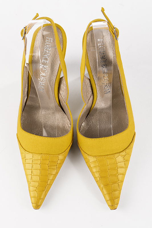 Yellow women's slingback shoes. Pointed toe. High cone heels. Top view - Florence KOOIJMAN